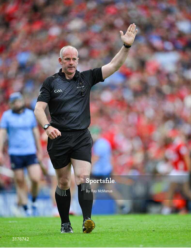 5 July 2025; Referee Johnny Murphy during the GAA Hurling All-Ireland Senior Championship semi-final match between Cork and Dublin at Croke Park in Dublin. Photo by Ray McManus/Sportsfile