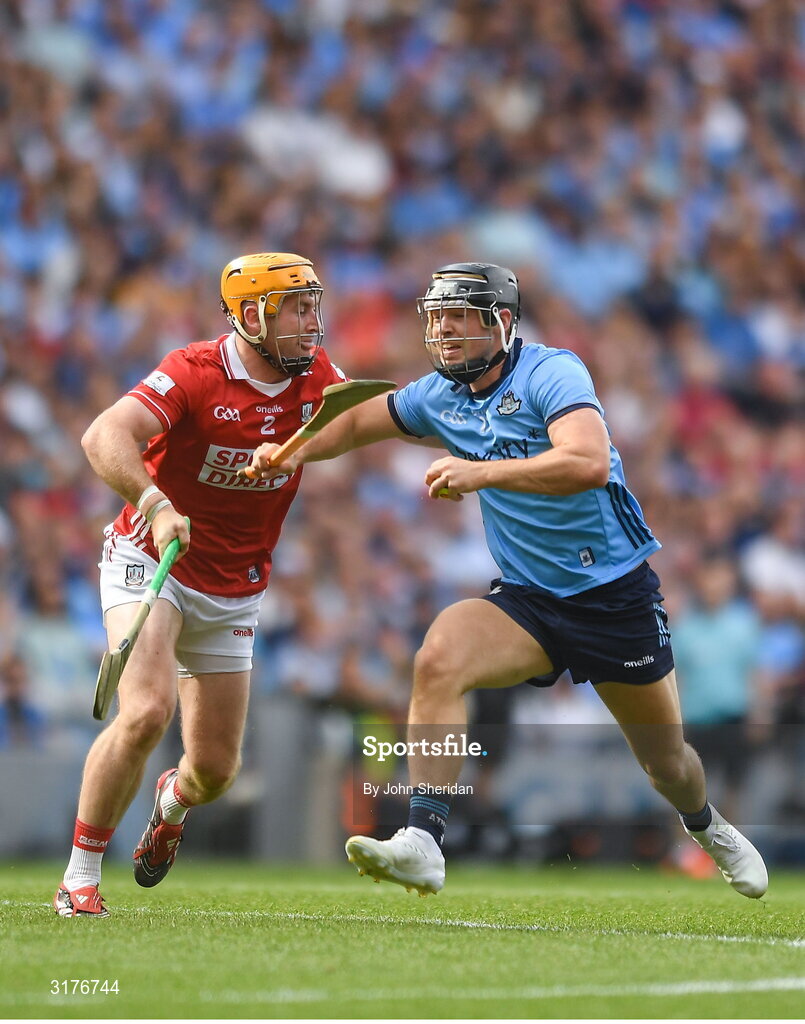 5 July 2025; Sean Currie of Dublin in action against Niall O'Leary of Cork during the GAA Hurling All-Ireland Senior Championship semi-final match between Cork and Dublin at Croke Park in Dublin. Photo by John Sheridan/Sportsfile