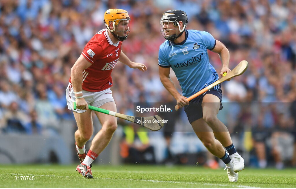 5 July 2025; Sean Currie of Dublin in action against Niall O'Leary of Cork during the GAA Hurling All-Ireland Senior Championship semi-final match between Cork and Dublin at Croke Park in Dublin. Photo by John Sheridan/Sportsfile