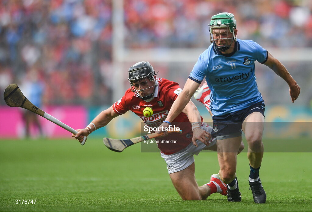 5 July 2025; Fergal Whitely of Dublin in action against Darragh Fitzgibbon of Cork during the GAA Hurling All-Ireland Senior Championship semi-final match between Cork and Dublin at Croke Park in Dublin. Photo by John Sheridan/Sportsfile