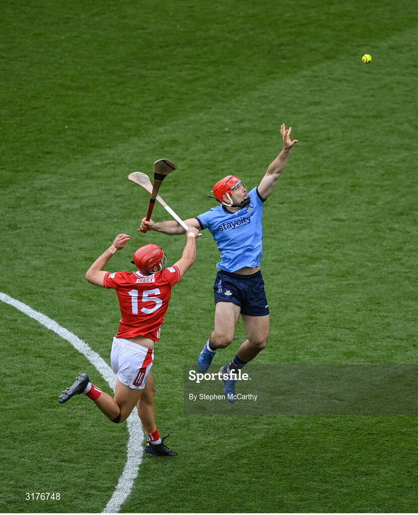 5 July 2025; Paddy Smyth of Dublin in action against Brian Hayes of Cork during the GAA Hurling All-Ireland Senior Championship semi-final match between Cork and Dublin at Croke Park in Dublin. Photo by Stephen McCarthy/Sportsfile