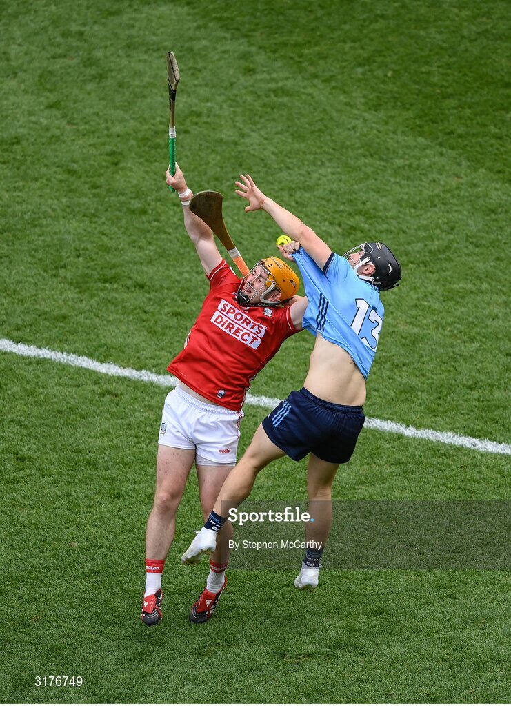 5 July 2025; Niall O'Leary of Cork in action against Sean Currie of Dublin during the GAA Hurling All-Ireland Senior Championship semi-final match between Cork and Dublin at Croke Park in Dublin. Photo by Stephen McCarthy/Sportsfile
