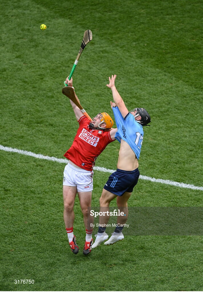 5 July 2025; Niall O'Leary of Cork in action against Sean Currie of Dublin during the GAA Hurling All-Ireland Senior Championship semi-final match between Cork and Dublin at Croke Park in Dublin. Photo by Stephen McCarthy/Sportsfile