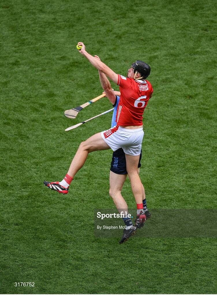 5 July 2025; Robert Downey of Cork in action against Fergal Whitely of Dublin during the GAA Hurling All-Ireland Senior Championship semi-final match between Cork and Dublin at Croke Park in Dublin. Photo by Stephen McCarthy/Sportsfile