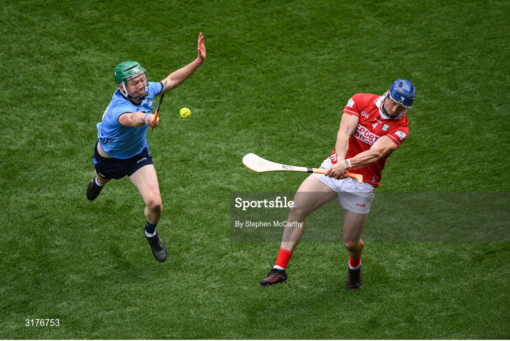 5 July 2025; Seán O'Donoghue of Cork in action against Fergal Whitely of Dublin during the GAA Hurling All-Ireland Senior Championship semi-final match between Cork and Dublin at Croke Park in Dublin. Photo by Stephen McCarthy/Sportsfile
