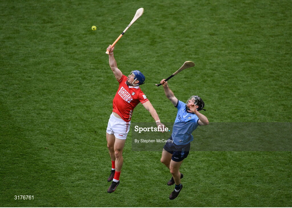 5 July 2025; Seán O'Donoghue of Cork in action against Cian O'Sullivan of Dublin during the GAA Hurling All-Ireland Senior Championship semi-final match between Cork and Dublin at Croke Park in Dublin. Photo by Stephen McCarthy/Sportsfile