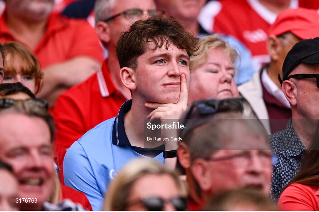 5 July 2025; Dublin supporters dejected during the GAA Hurling All-Ireland Senior Championship semi-final match between Cork and Dublin at Croke Park in Dublin. Photo by Ramsey Cardy/Sportsfile