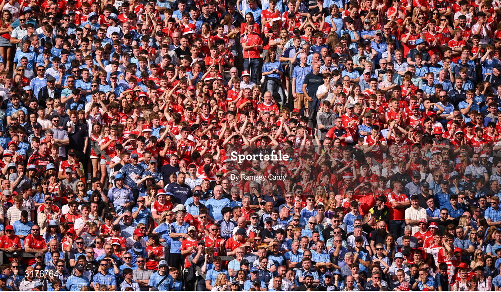 5 July 2025; Supporters on Hill 16 during the GAA Hurling All-Ireland Senior Championship semi-final match between Cork and Dublin at Croke Park in Dublin. Photo by Ramsey Cardy/Sportsfile