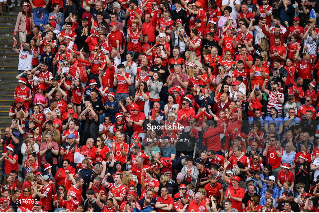 5 July 2025; Cork supporters in the Cusack Stand celebrate a goal during the GAA Hurling All-Ireland Senior Championship semi-final match between Cork and Dublin at Croke Park in Dublin. Photo by Stephen McCarthy/Sportsfile