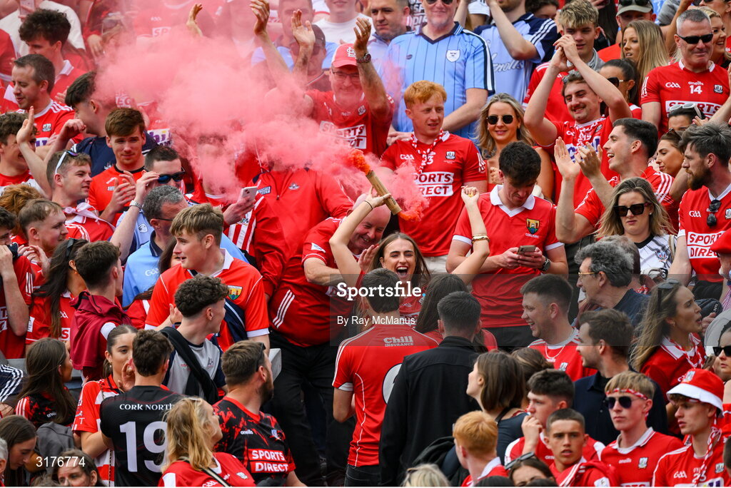 5 July 2025; Cork and Dublin supporters, on Hill 16, before the GAA Hurling All-Ireland Senior Championship semi-final match between Cork and Dublin at Croke Park in Dublin. Photo by Ray McManus/Sportsfile