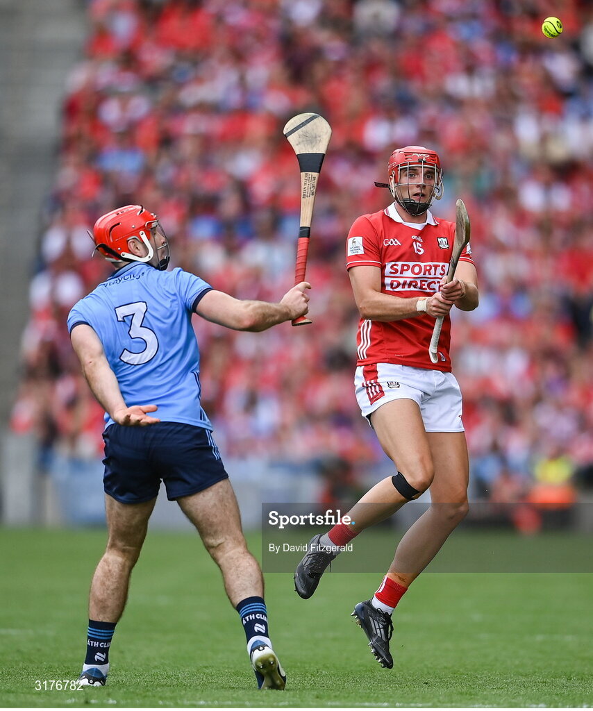 5 July 2025; Brian Hayes of Cork in action against Paddy Smyth of Dublin during the GAA Hurling All-Ireland Senior Championship semi-final match between Cork and Dublin at Croke Park in Dublin. Photo by David Fitzgerald/Sportsfile