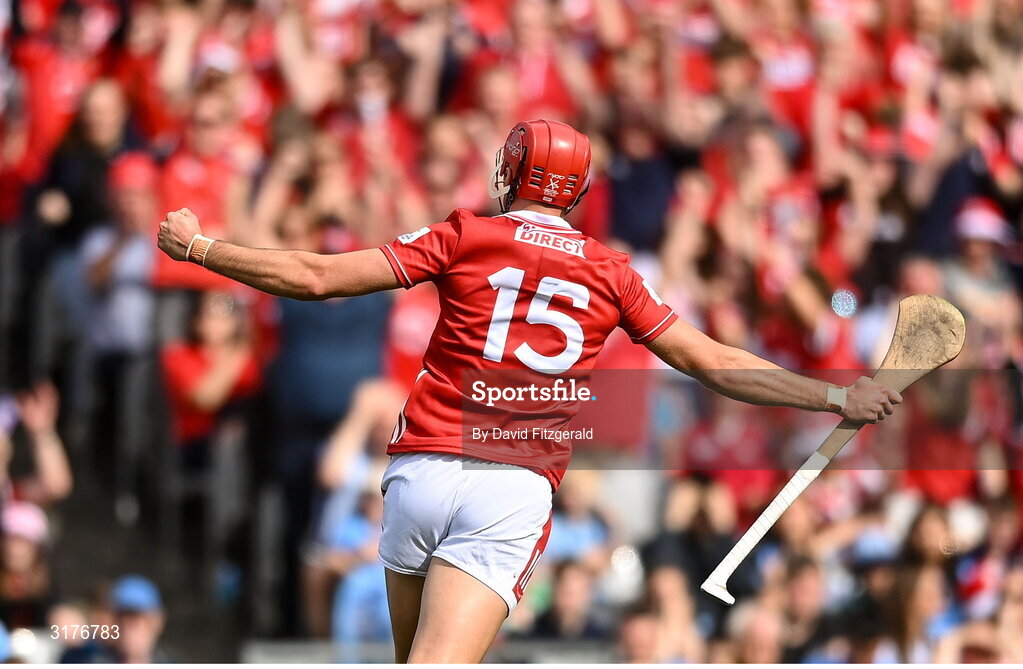 5 July 2025; Brian Hayes of Cork celebrates after scoring his side's fourth goal during the GAA Hurling All-Ireland Senior Championship semi-final match between Cork and Dublin at Croke Park in Dublin. Photo by David Fitzgerald/Sportsfile