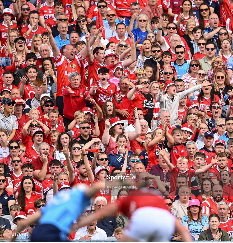 5 July 2025; Supporters react during the GAA Hurling All-Ireland Senior Championship semi-final match between Cork and Dublin at Croke Park in Dublin. Photo by David Fitzgerald/Sportsfile