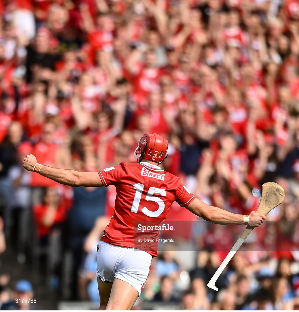 5 July 2025; Brian Hayes of Cork celebrates after scoring his side's fourth goal during the GAA Hurling All-Ireland Senior Championship semi-final match between Cork and Dublin at Croke Park in Dublin. Photo by David Fitzgerald/Sportsfile