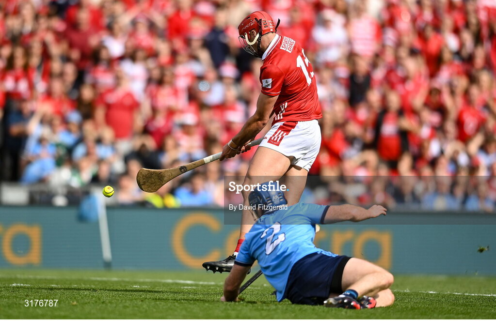 5 July 2025; Brian Hayes of Cork shoots to score his side's fourth goal during the GAA Hurling All-Ireland Senior Championship semi-final match between Cork and Dublin at Croke Park in Dublin. Photo by David Fitzgerald/Sportsfile