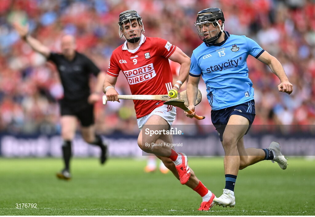 5 July 2025; Sean Currie of Dublin in action against Darragh Fitzgibbon of Cork during the GAA Hurling All-Ireland Senior Championship semi-final match between Cork and Dublin at Croke Park in Dublin. Photo by David Fitzgerald/Sportsfile