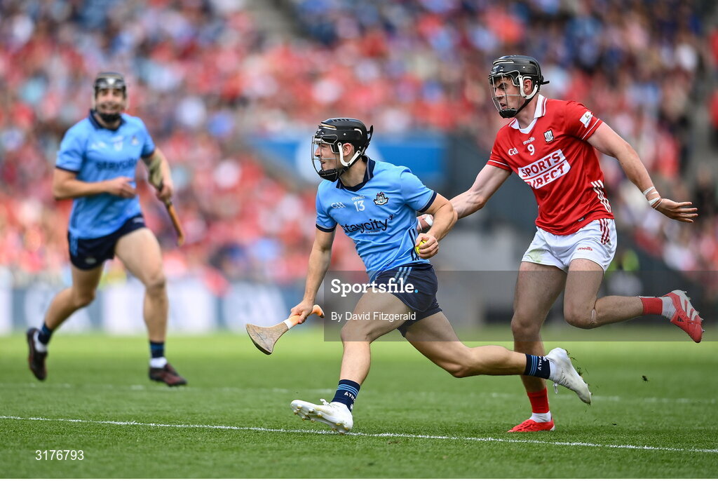 5 July 2025; Sean Currie of Dublin in action against Darragh Fitzgibbon of Cork during the GAA Hurling All-Ireland Senior Championship semi-final match between Cork and Dublin at Croke Park in Dublin. Photo by David Fitzgerald/Sportsfile