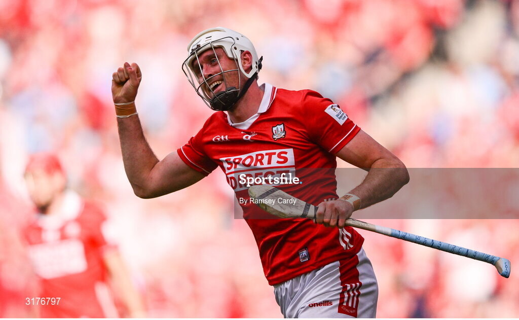 5 July 2025; Tim O'Mahony of Cork celebrates after scoring his side's fifth goal during the GAA Hurling All-Ireland Senior Championship semi-final match between Cork and Dublin at Croke Park in Dublin. Photo by Ramsey Cardy/Sportsfile