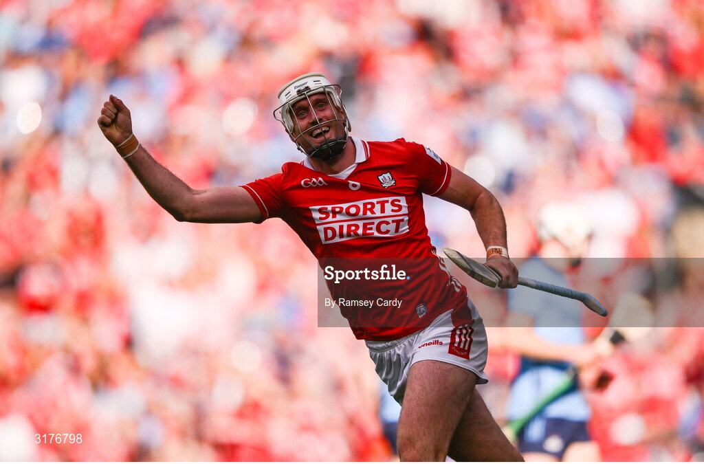 5 July 2025; Tim O'Mahony of Cork celebrates after scoring his side's fifth goal during the GAA Hurling All-Ireland Senior Championship semi-final match between Cork and Dublin at Croke Park in Dublin. Photo by Ramsey Cardy/Sportsfile