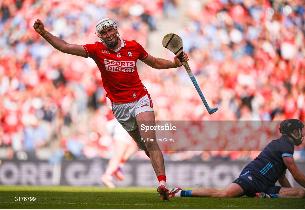 5 July 2025; Tim O'Mahony of Cork celebrates after scoring his side's fifth goal during the GAA Hurling All-Ireland Senior Championship semi-final match between Cork and Dublin at Croke Park in Dublin. Photo by Ramsey Cardy/Sportsfile