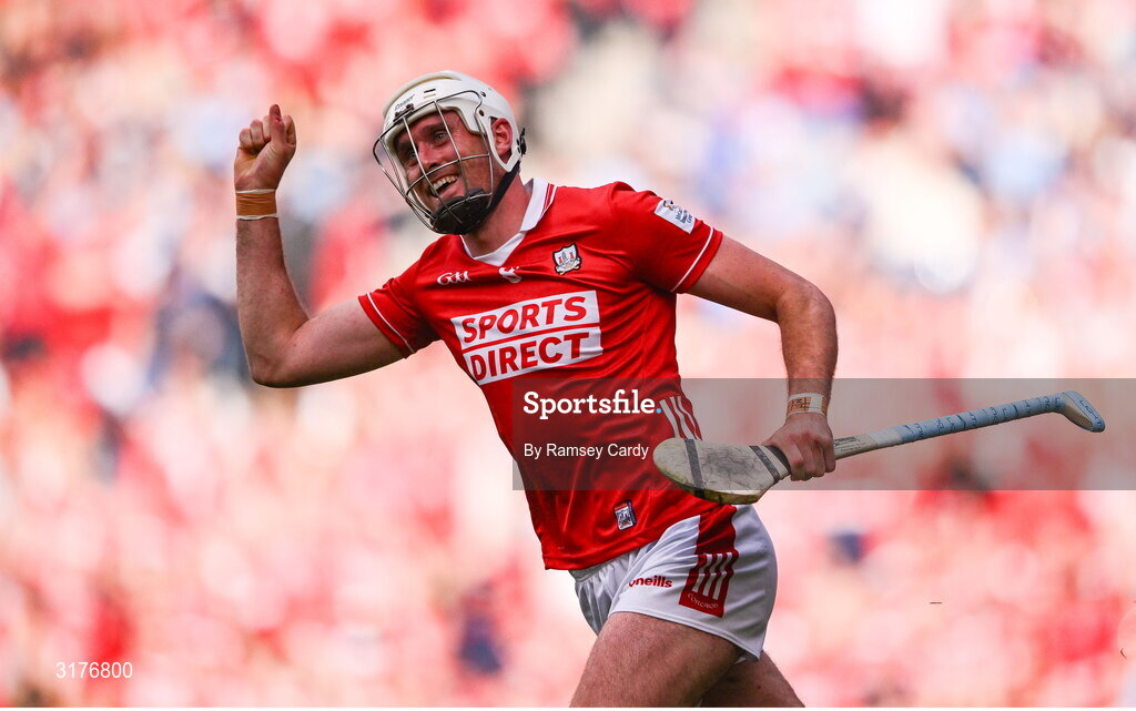 5 July 2025; Tim O'Mahony of Cork celebrates after scoring his side's fifth goal during the GAA Hurling All-Ireland Senior Championship semi-final match between Cork and Dublin at Croke Park in Dublin. Photo by Ramsey Cardy/Sportsfile