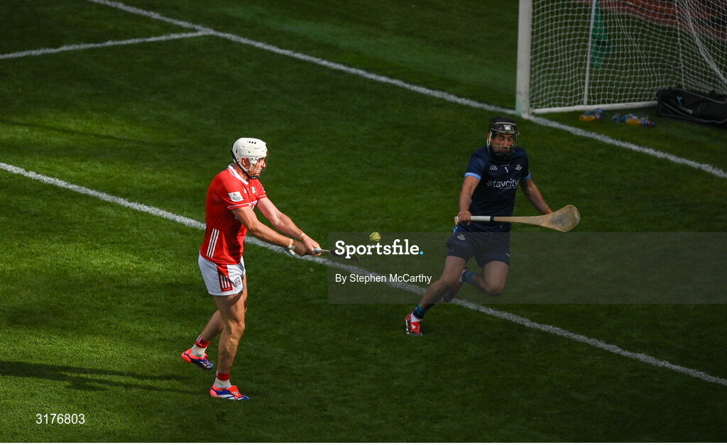 5 July 2025; Tim O'Mahony of Cork scores his side's fifth goal past Dublin goalkeeper Sean Brennan during the GAA Hurling All-Ireland Senior Championship semi-final match between Cork and Dublin at Croke Park in Dublin. Photo by Stephen McCarthy/Sportsfile