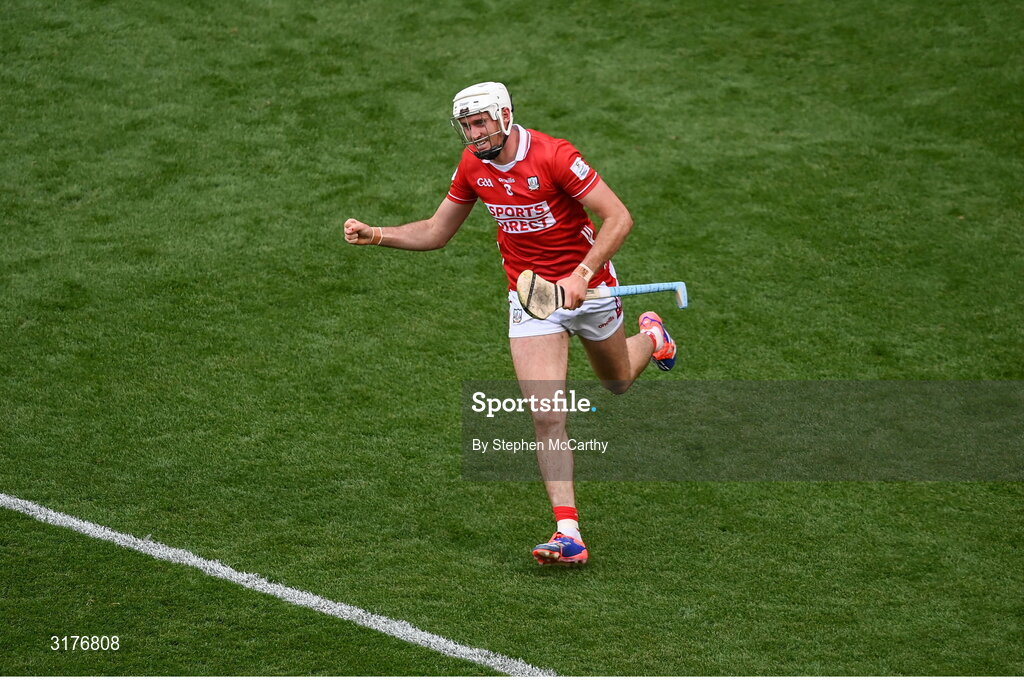 5 July 2025; Tim O'Mahony of Cork celebrates after scoring his side's fifth goal during the GAA Hurling All-Ireland Senior Championship semi-final match between Cork and Dublin at Croke Park in Dublin. Photo by Stephen McCarthy/Sportsfile