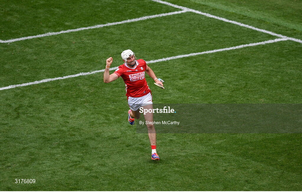 5 July 2025; Tim O'Mahony of Cork celebrates after scoring his side's fifth goal during the GAA Hurling All-Ireland Senior Championship semi-final match between Cork and Dublin at Croke Park in Dublin. Photo by Stephen McCarthy/Sportsfile