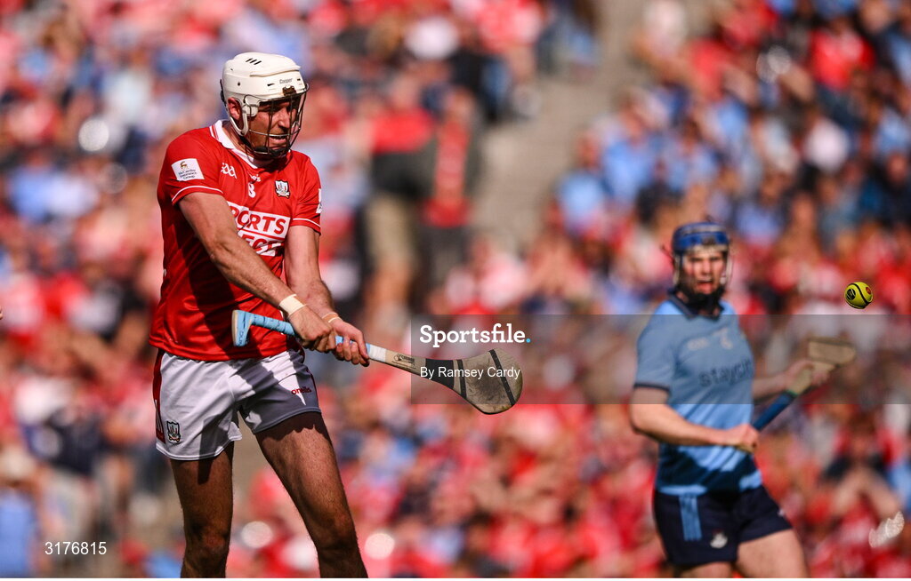5 July 2025; Tim O'Mahony of Cork scores his side's fifth goal during the GAA Hurling All-Ireland Senior Championship semi-final match between Cork and Dublin at Croke Park in Dublin. Photo by Ramsey Cardy/Sportsfile