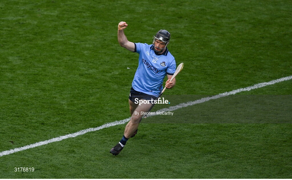 5 July 2025; Cian O'Sullivan of Dublin celebrates after scoring his side's second goal during the GAA Hurling All-Ireland Senior Championship semi-final match between Cork and Dublin at Croke Park in Dublin. Photo by Stephen McCarthy/Sportsfile