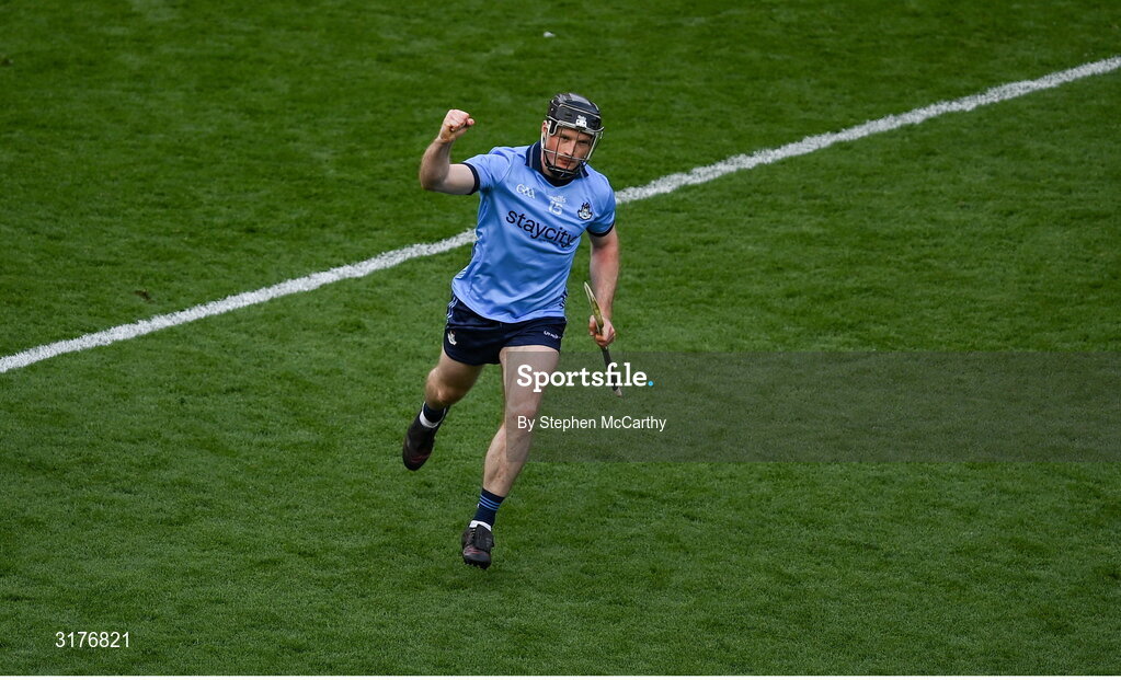 5 July 2025; Cian O'Sullivan of Dublin celebrates after scoring his side's second goal during the GAA Hurling All-Ireland Senior Championship semi-final match between Cork and Dublin at Croke Park in Dublin. Photo by Stephen McCarthy/Sportsfile