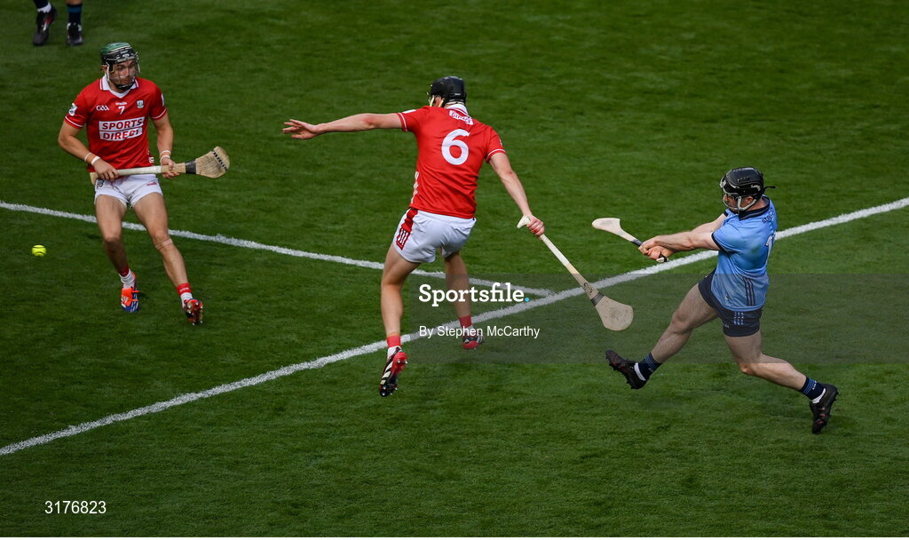 5 July 2025; Cian O'Sullivan of Dublin shoots to score his side's second goal during the GAA Hurling All-Ireland Senior Championship semi-final match between Cork and Dublin at Croke Park in Dublin. Photo by Stephen McCarthy/Sportsfile