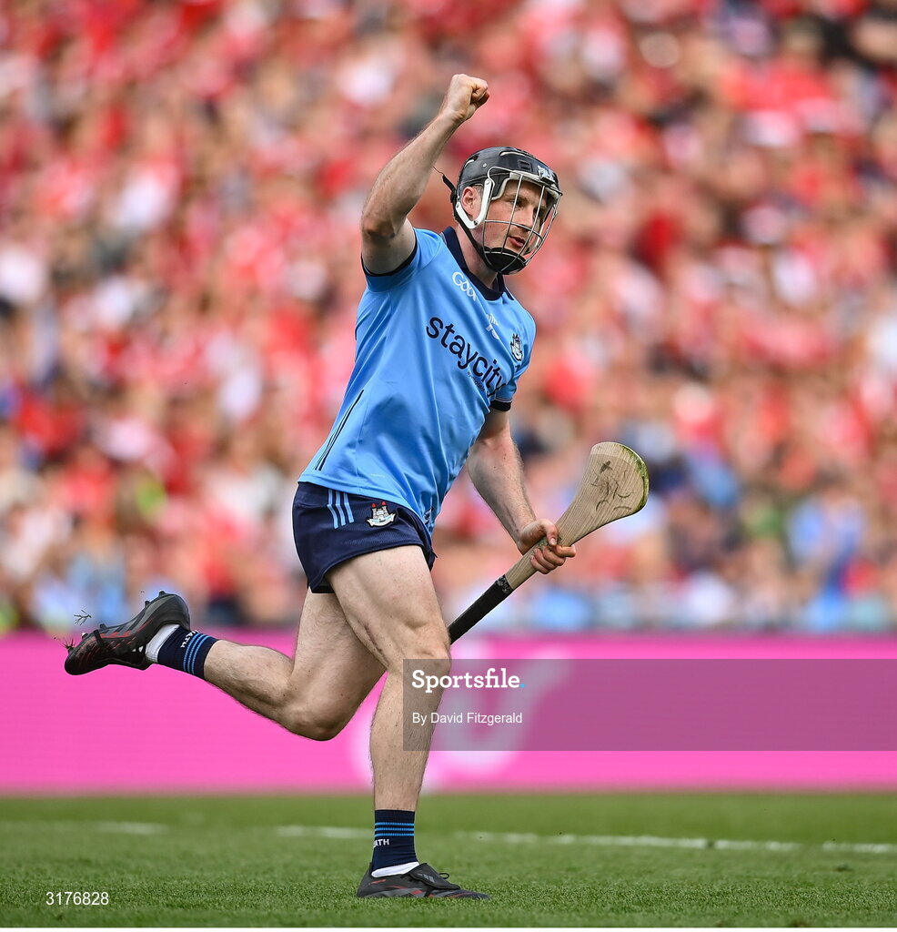 5 July 2025; Cian O'Sullivan of Dublin celebrates after scoring his side's second goal during the GAA Hurling All-Ireland Senior Championship semi-final match between Cork and Dublin at Croke Park in Dublin. Photo by David Fitzgerald/Sportsfile
