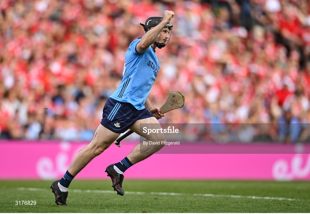 5 July 2025; Cian O'Sullivan of Dublin celebrates after scoring his side's second goal during the GAA Hurling All-Ireland Senior Championship semi-final match between Cork and Dublin at Croke Park in Dublin. Photo by David Fitzgerald/Sportsfile