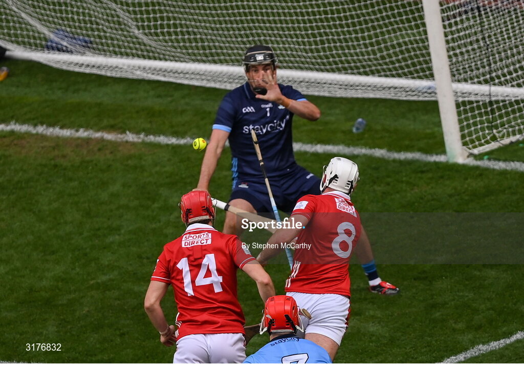 5 July 2025; Tim O'Mahony, 8, of Cork scores his side's sixth goal past Dublin goalkeeper Sean Brennan during the GAA Hurling All-Ireland Senior Championship semi-final match between Cork and Dublin at Croke Park in Dublin. Photo by Stephen McCarthy/Sportsfile