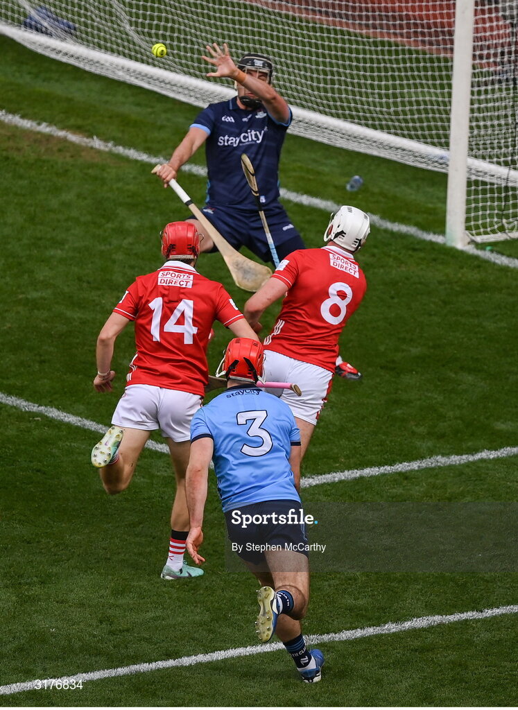5 July 2025; Tim O'Mahony, 8, of Cork scores his side's sixth goal past Dublin goalkeeper Sean Brennan during the GAA Hurling All-Ireland Senior Championship semi-final match between Cork and Dublin at Croke Park in Dublin. Photo by Stephen McCarthy/Sportsfile