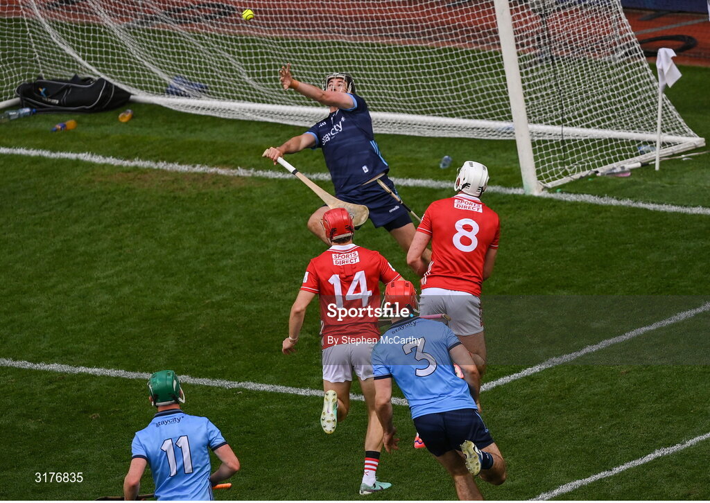 5 July 2025; Tim O'Mahony, 8, of Cork scores his side's sixth goal past Dublin goalkeeper Sean Brennan during the GAA Hurling All-Ireland Senior Championship semi-final match between Cork and Dublin at Croke Park in Dublin. Photo by Stephen McCarthy/Sportsfile