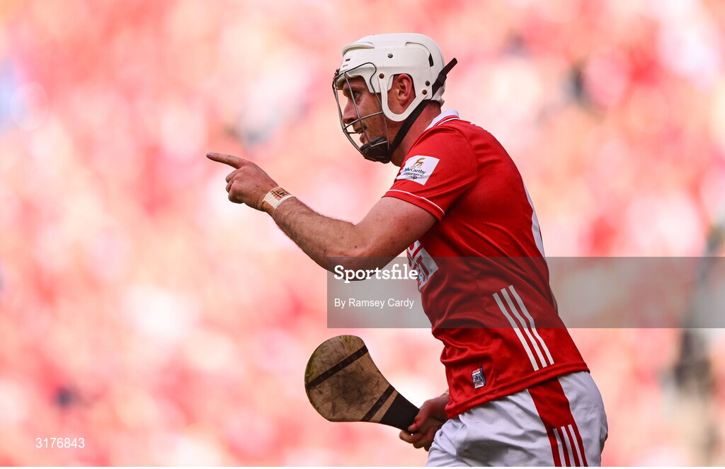 5 July 2025; Tim O'Mahony of Cork celebrates after scoring his side's sixth goal during the GAA Hurling All-Ireland Senior Championship semi-final match between Cork and Dublin at Croke Park in Dublin. Photo by Ramsey Cardy/Sportsfile