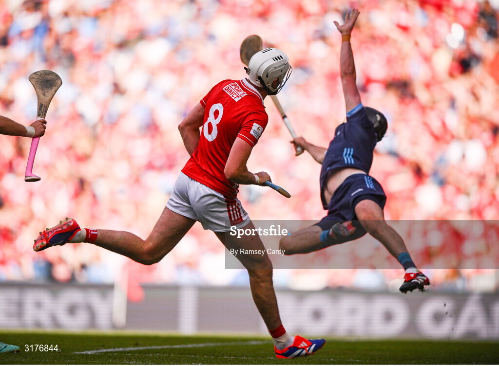 5 July 2025; Tim O'Mahony of Cork scores his side's sixth goal past Dublin goalkeeper Sean Brennan during the GAA Hurling All-Ireland Senior Championship semi-final match between Cork and Dublin at Croke Park in Dublin. Photo by Ramsey Cardy/Sportsfile