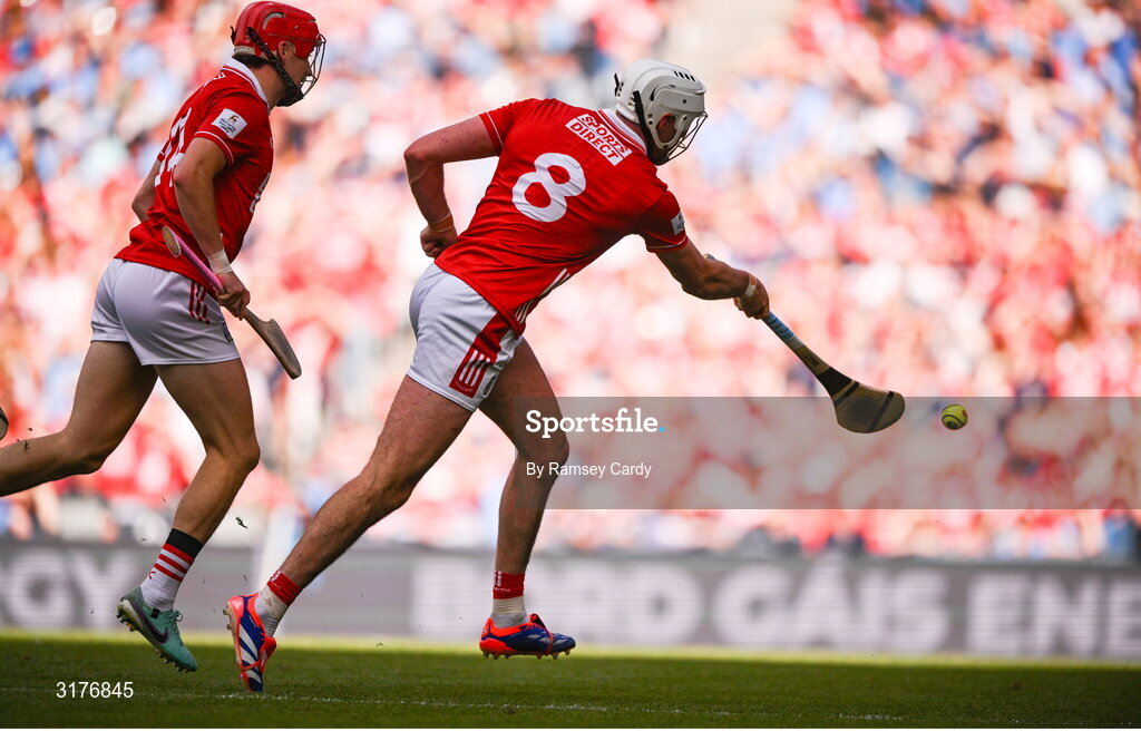 5 July 2025; Tim O'Mahony of Cork scores his side's sixth goal during the GAA Hurling All-Ireland Senior Championship semi-final match between Cork and Dublin at Croke Park in Dublin. Photo by Ramsey Cardy/Sportsfile