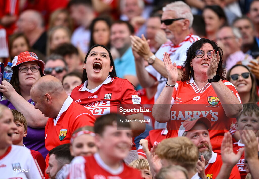 5 July 2025; Cork supporters during the GAA Hurling All-Ireland Senior Championship semi-final match between Cork and Dublin at Croke Park in Dublin. Photo by David Fitzgerald/Sportsfile