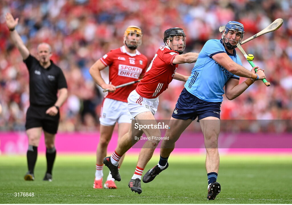 5 July 2025; John Hetherton of Dublin in action against Eoin Downey of Cork during the GAA Hurling All-Ireland Senior Championship semi-final match between Cork and Dublin at Croke Park in Dublin. Photo by David Fitzgerald/Sportsfile