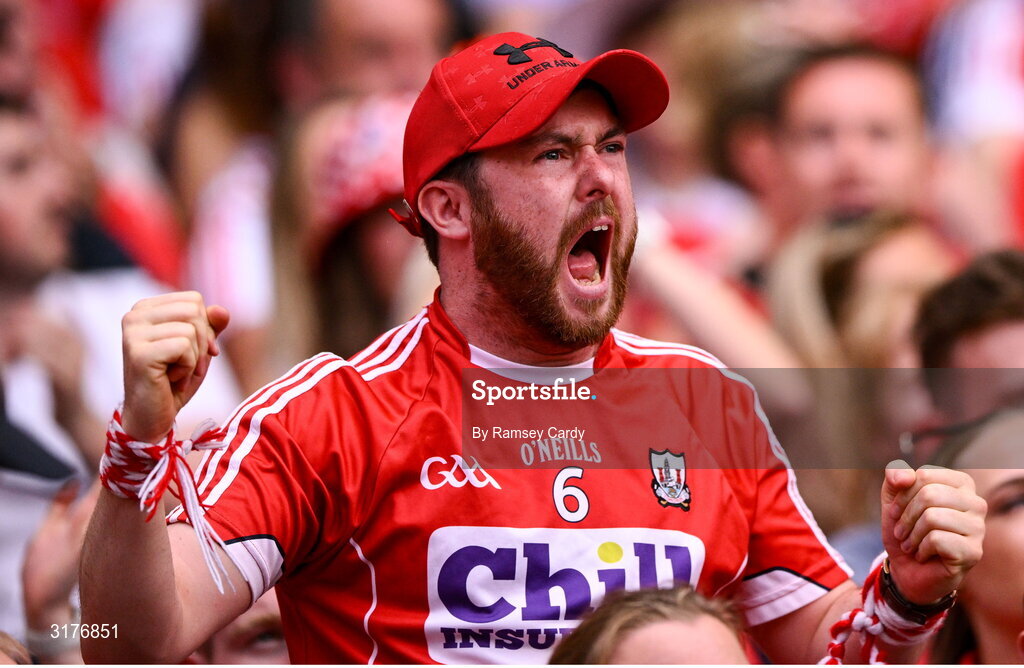 5 July 2025; Cork supporters celebrate during the GAA Hurling All-Ireland Senior Championship semi-final match between Cork and Dublin at Croke Park in Dublin. Photo by Ramsey Cardy/Sportsfile