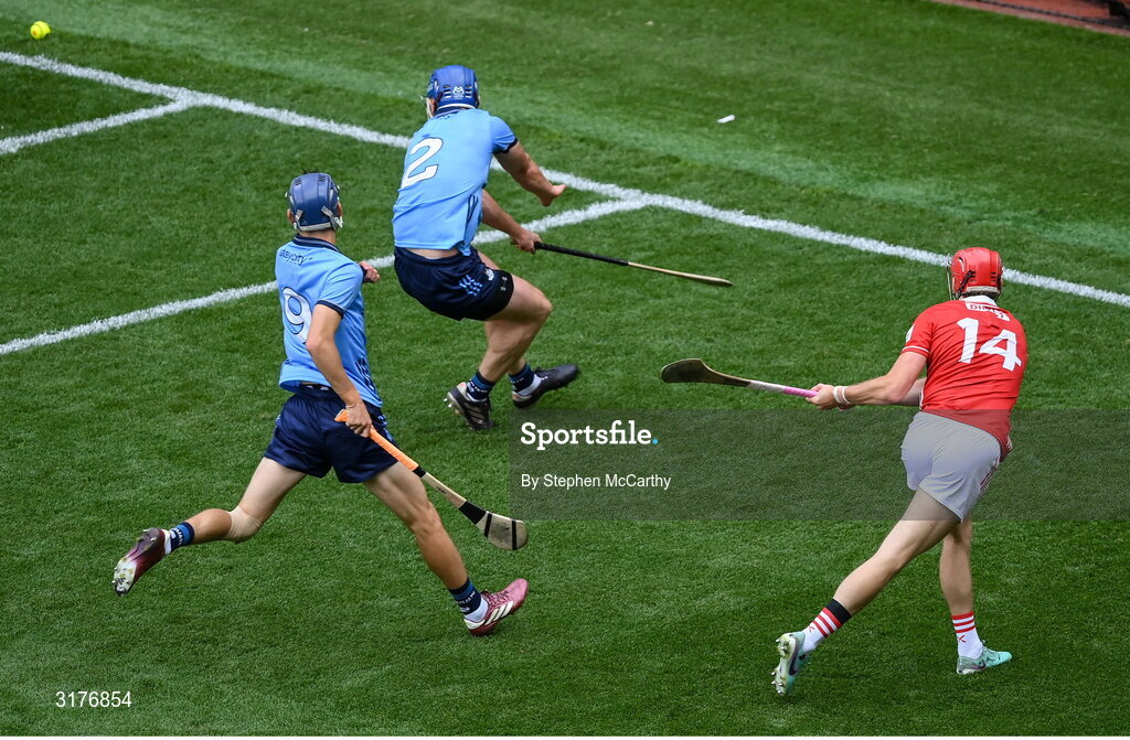 5 July 2025; Alan Connolly of Cork shoots to score his side's seventh goal during the GAA Hurling All-Ireland Senior Championship semi-final match between Cork and Dublin at Croke Park in Dublin. Photo by Stephen McCarthy/Sportsfile