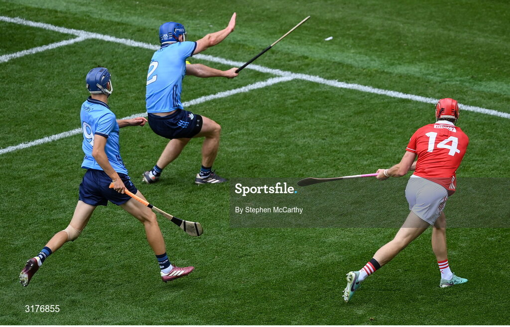 5 July 2025; Alan Connolly of Cork shoots to score his side's seventh goal during the GAA Hurling All-Ireland Senior Championship semi-final match between Cork and Dublin at Croke Park in Dublin. Photo by Stephen McCarthy/Sportsfile