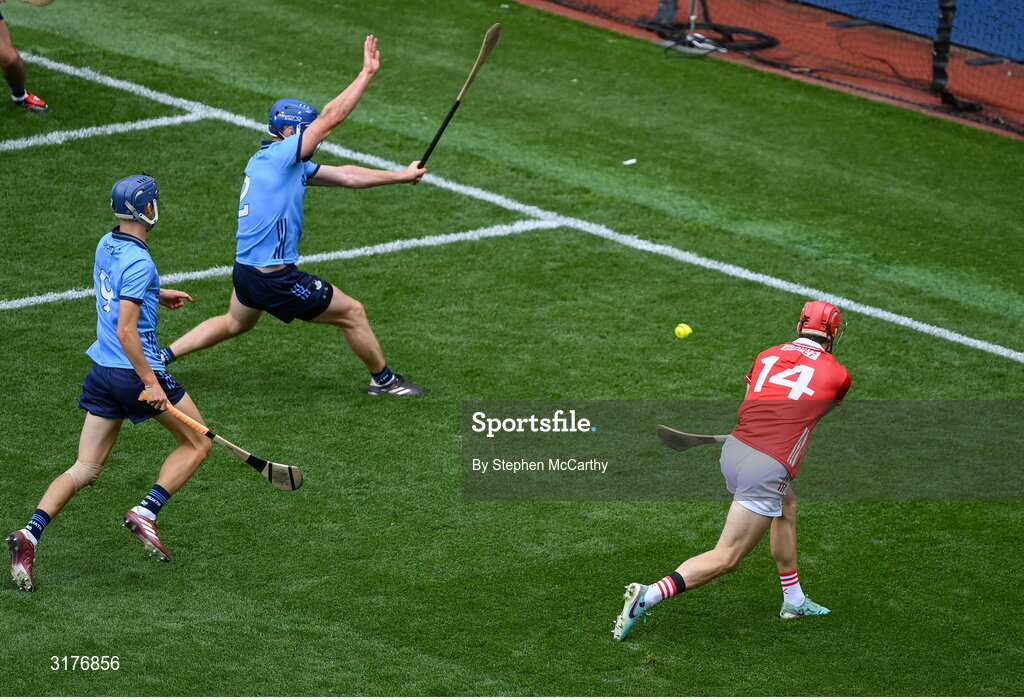 5 July 2025; Alan Connolly of Cork shoots to score his side's seventh goal during the GAA Hurling All-Ireland Senior Championship semi-final match between Cork and Dublin at Croke Park in Dublin. Photo by Stephen McCarthy/Sportsfile