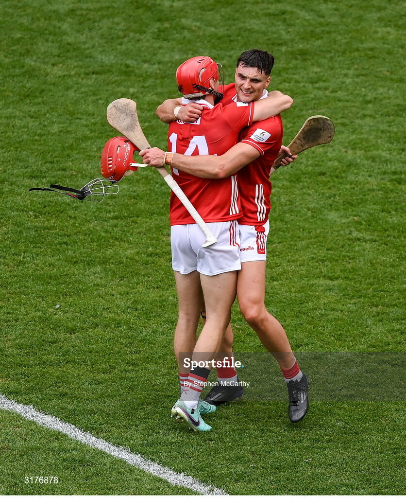 5 July 2025; Brian Hayes, right, and Alan Connolly of Cork celebrate after the GAA Hurling All-Ireland Senior Championship semi-final match between Cork and Dublin at Croke Park in Dublin. Photo by Stephen McCarthy/Sportsfile