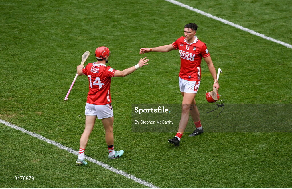 5 July 2025; Brian Hayes, right, and Alan Connolly of Cork celebrate after the GAA Hurling All-Ireland Senior Championship semi-final match between Cork and Dublin at Croke Park in Dublin. Photo by Stephen McCarthy/Sportsfile