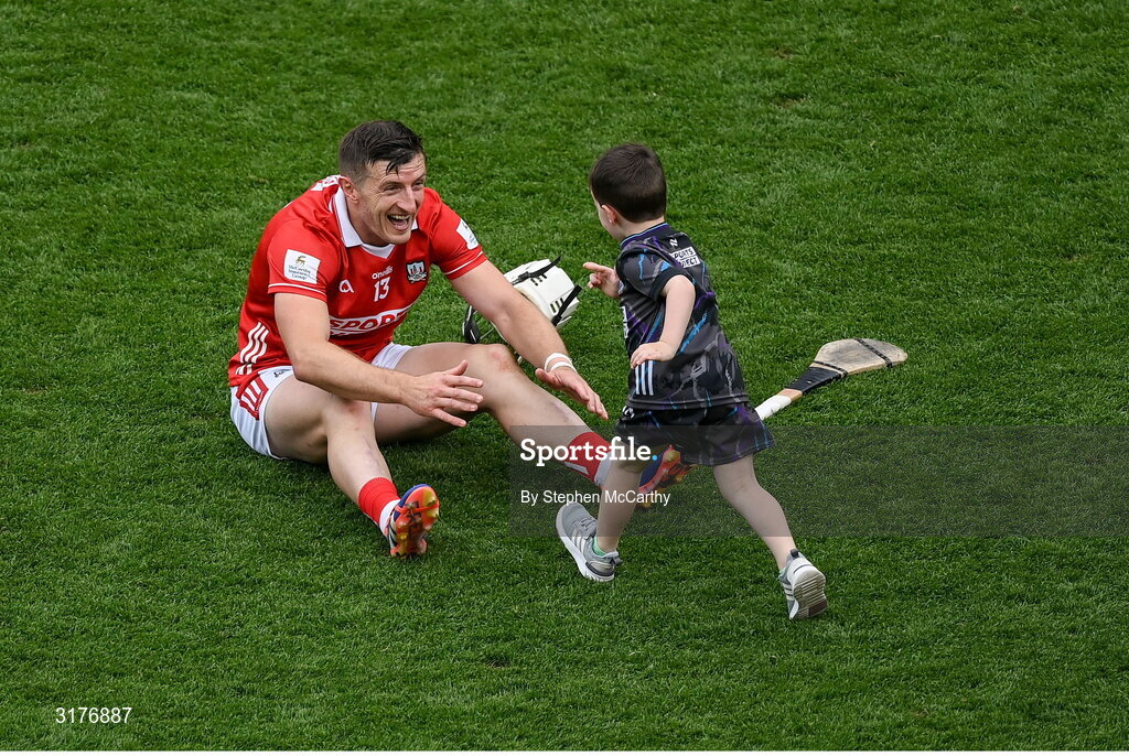 5 July 2025; Patrick Horgan of Cork and his son Jack after the GAA Hurling All-Ireland Senior Championship semi-final match between Cork and Dublin at Croke Park in Dublin. Photo by Stephen McCarthy/Sportsfile
