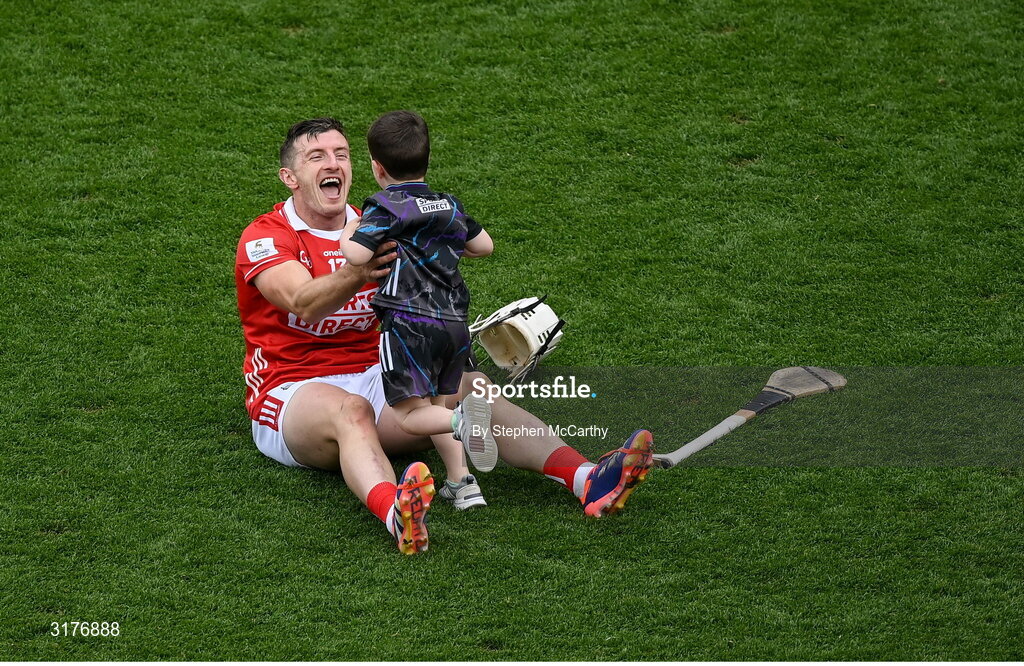 5 July 2025; Patrick Horgan of Cork and his son Jack after the GAA Hurling All-Ireland Senior Championship semi-final match between Cork and Dublin at Croke Park in Dublin. Photo by Stephen McCarthy/Sportsfile